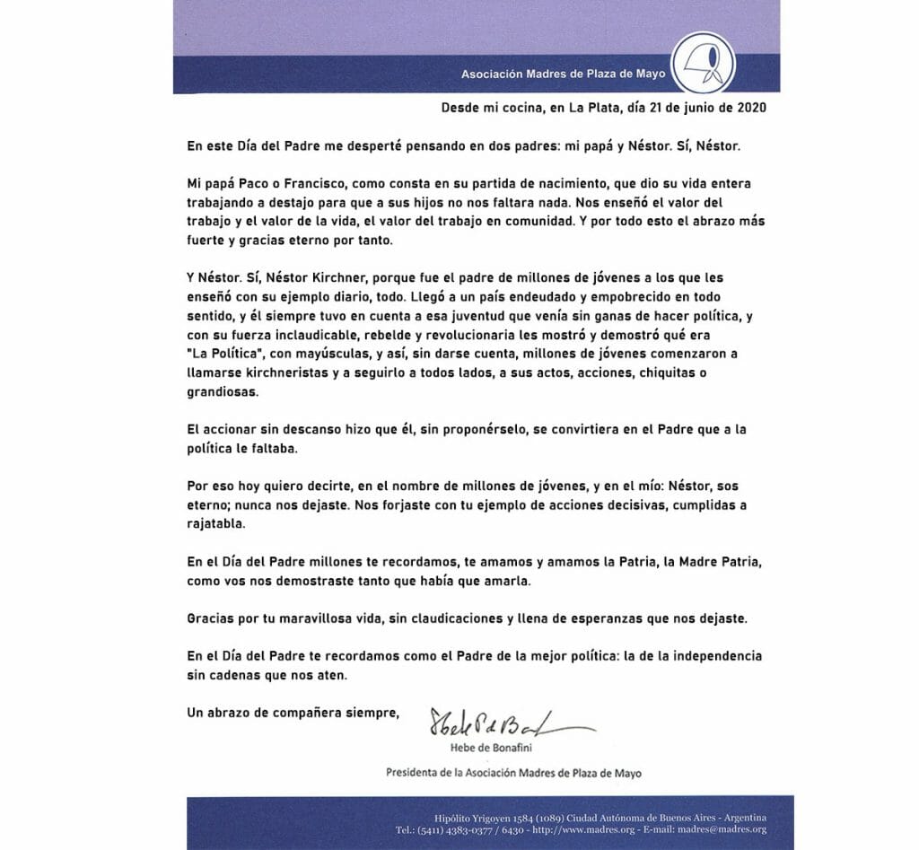 En el Día del Padre, carta a Néstor Kirchner – Asociación Madres de Plaza  de Mayo